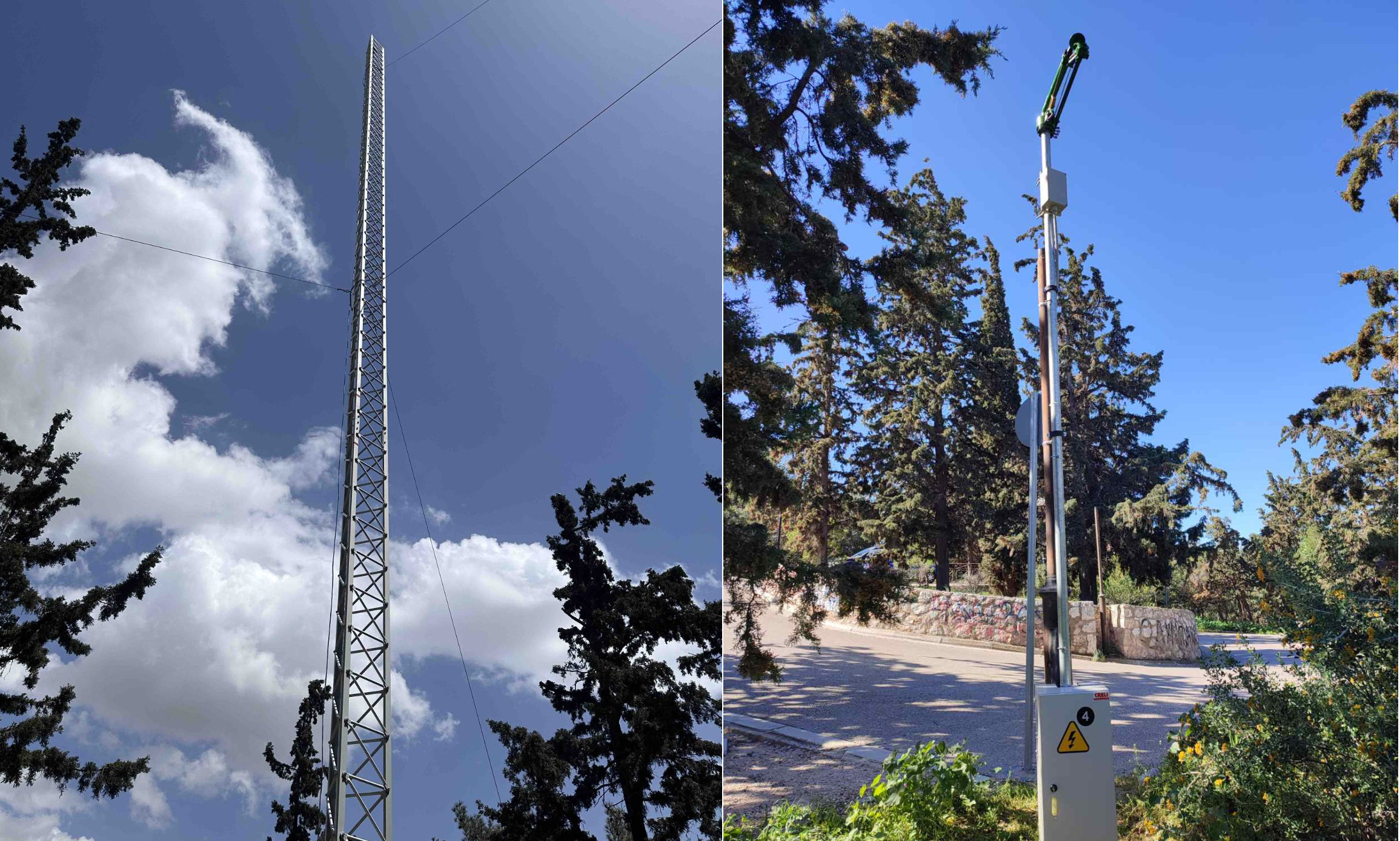 Δύο όψεις ψηλών κατασκευών: ένας πύργος πλέγματος με καλώδια και ένας στύλος με μια τοποθετημένη συσκευή κοντά σε ένα δρόμο, και οι δύο περιτριγυρισμένοι από δέντρα, που χρησιμοποιούνται για την προστασία του περιβάλλοντος και την πρόληψη πυρκαγιών με προηγμένες τεχνολογίες.