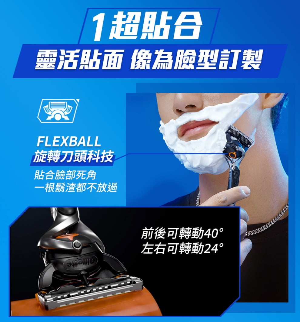 吉列 ProGlide 男士刮鬍刀採用 Flexball 旋轉頭技術和背面精密修剪器，讓您在刮鬍時獲得無與倫比的精準度和舒適度。