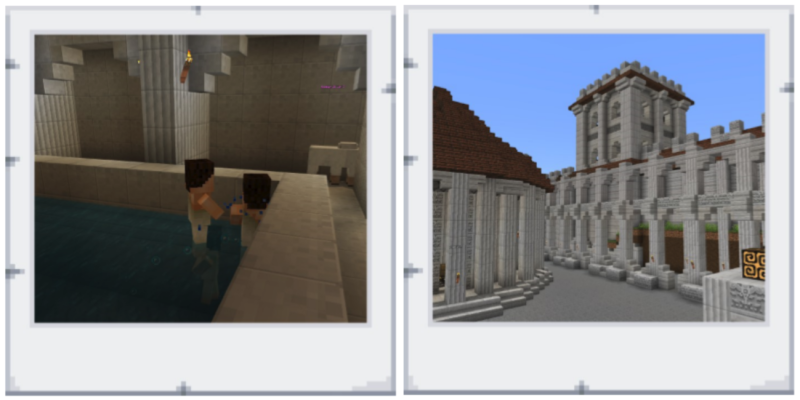 Pupils wandered through the streets of Roman Bath. Photo credit: The world was created by Ben Spieldenner and Bonnie Graves; the screenshots are from the Minecraft Education Edition website.