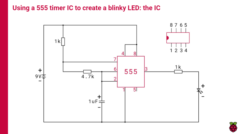 Figure 1:  The blinky LED circuit that uses a 555 timer integrated circuit 