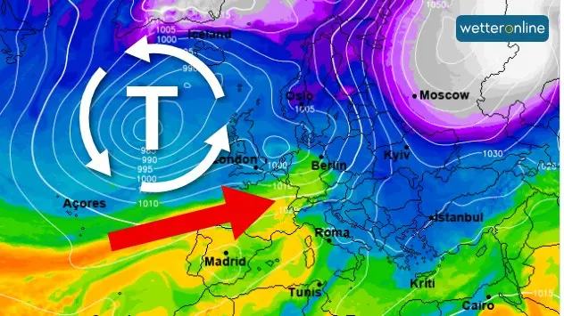 Eine Wetterkarte zeigt die Verteilung von Hoch- und Tiefdruckgebieten in Europa. 