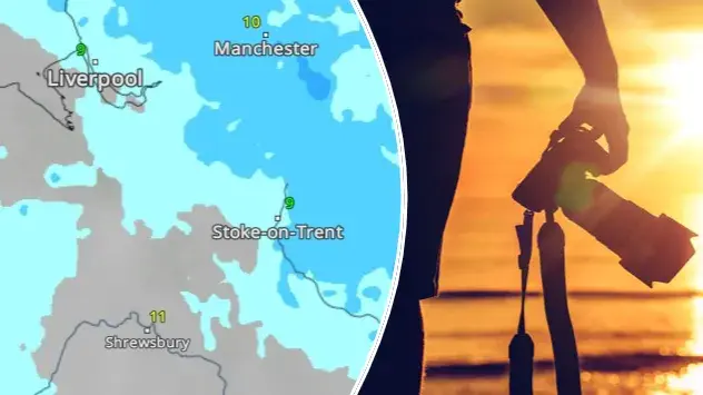 Weather map showing rain in the UK and a photographer holding camera
