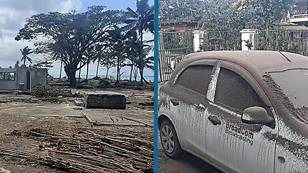 Der Tsunami hat schwere Schäden hinterlassen (linkes Foto). Zudem liegt noch eine Ascheschicht auf Wegen, Autos und Häusern.