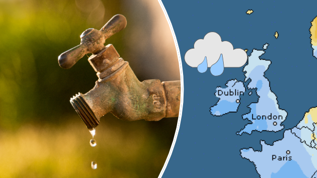 Water tap dripping water and rainfall anomaly map of the UK and Ireland