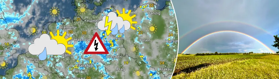 WetterRadar zeigt Gewitter, Schauer und Warnschild für Donnerstagnachmittag - Doppelter Regenbogen über Feld (c) Gabriele Klein