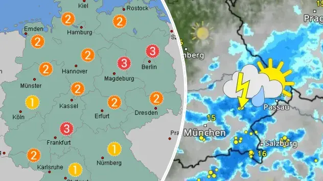 Links Pollenflugvorhersage für Montag - rechts: WetterRadar Bayern zeigt Gewitter und Starkregen