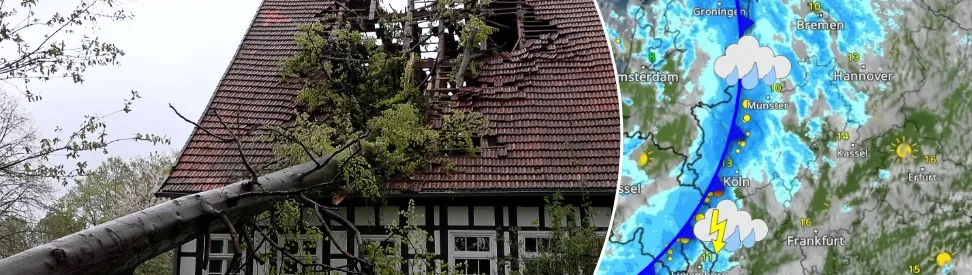 Baum kracht auf Dach eines Fachwerkhauses - WetterRadar zeigt Kaltfront (c) dpa