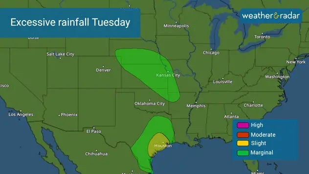 Tuesday's heavy rains will be mainly focused across eastern Kansas and more across Southeast Texas. 