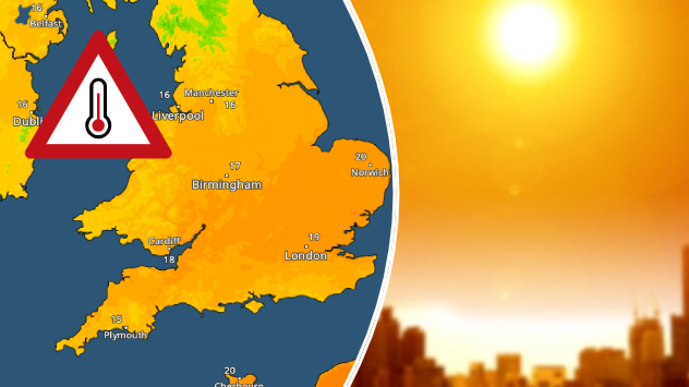 L - Temperature map of the UK with heat warning. R - Sun hanging over city