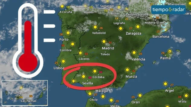 Calor sofocante en el suroeste, con máximas de hasta 37 grados en Badajoz y Sevilla.