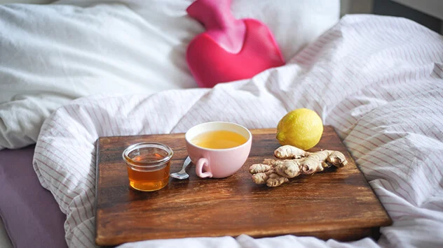 Tablett mit Tee und Wärmflasche in einem Bett