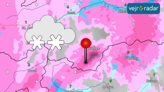 vejrkort der viser tungt snefald i tyrol alperne