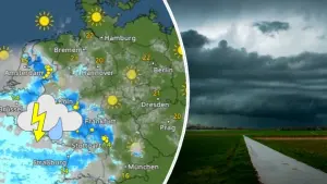 WetterRadar für Donnerstag zeigt Gewitter - Böenwalze über Feld (c) Bild rechts: Luka Berheide / WeatherChaseTV 