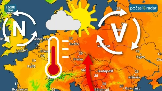 Do střední Evropy začíná proudit teplý vzduch od jihu mezi tlakovou níží se středem nad Britskými ostrovy a tlakovou výší nad severovýchodem Evropy.