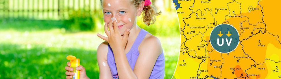 Mädchen trägt sich Sonnencreme ins Gesicht auf - UV-Index Deutschland