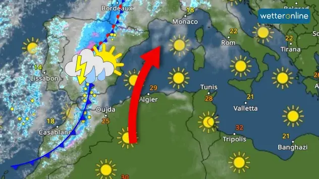 WetterRadar: Eine Gewitterfront überquert heute den Nordwesten und Süden Spaniens. 