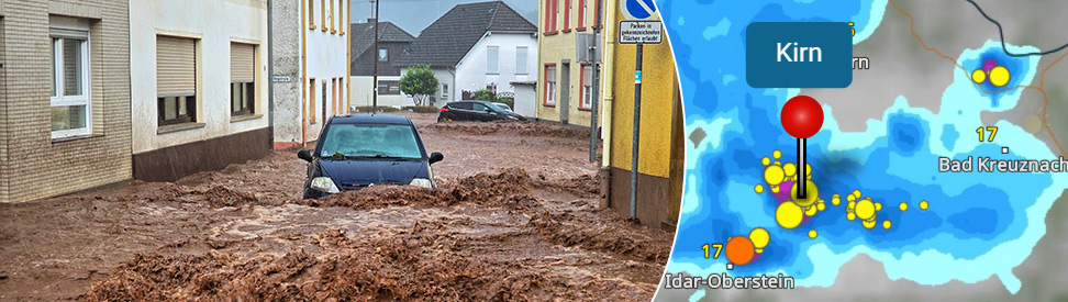Schlammfluten in Kirn im Nahetal in Rheinland-Pfalz und WetterRadar (c) dpa