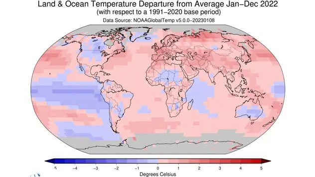 Globalni prikaz promjena temperature za 2022. NOAA