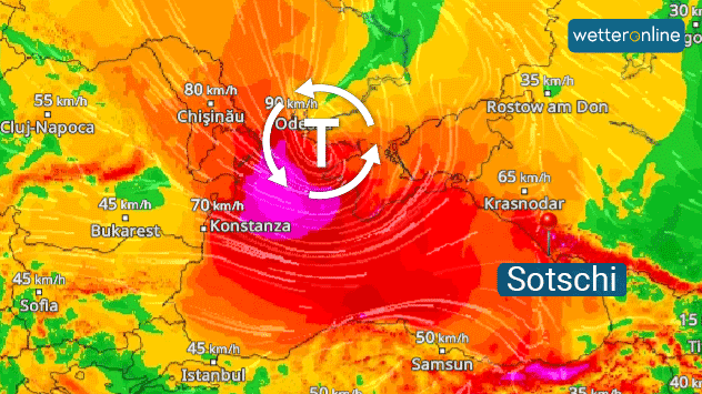 Das WindRadar zeigt das kleine aber heftige Tief am Sonntag an der Südküste der Ukraine.