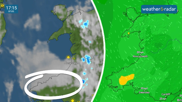 Weather map and wind map showing a convergence line in western Wales