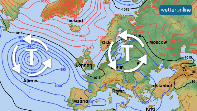 Die Karte zeigt die Wetterlage Anfang nächster Woche. Tiefdruckgebiete bleiben wetterbestimmend.