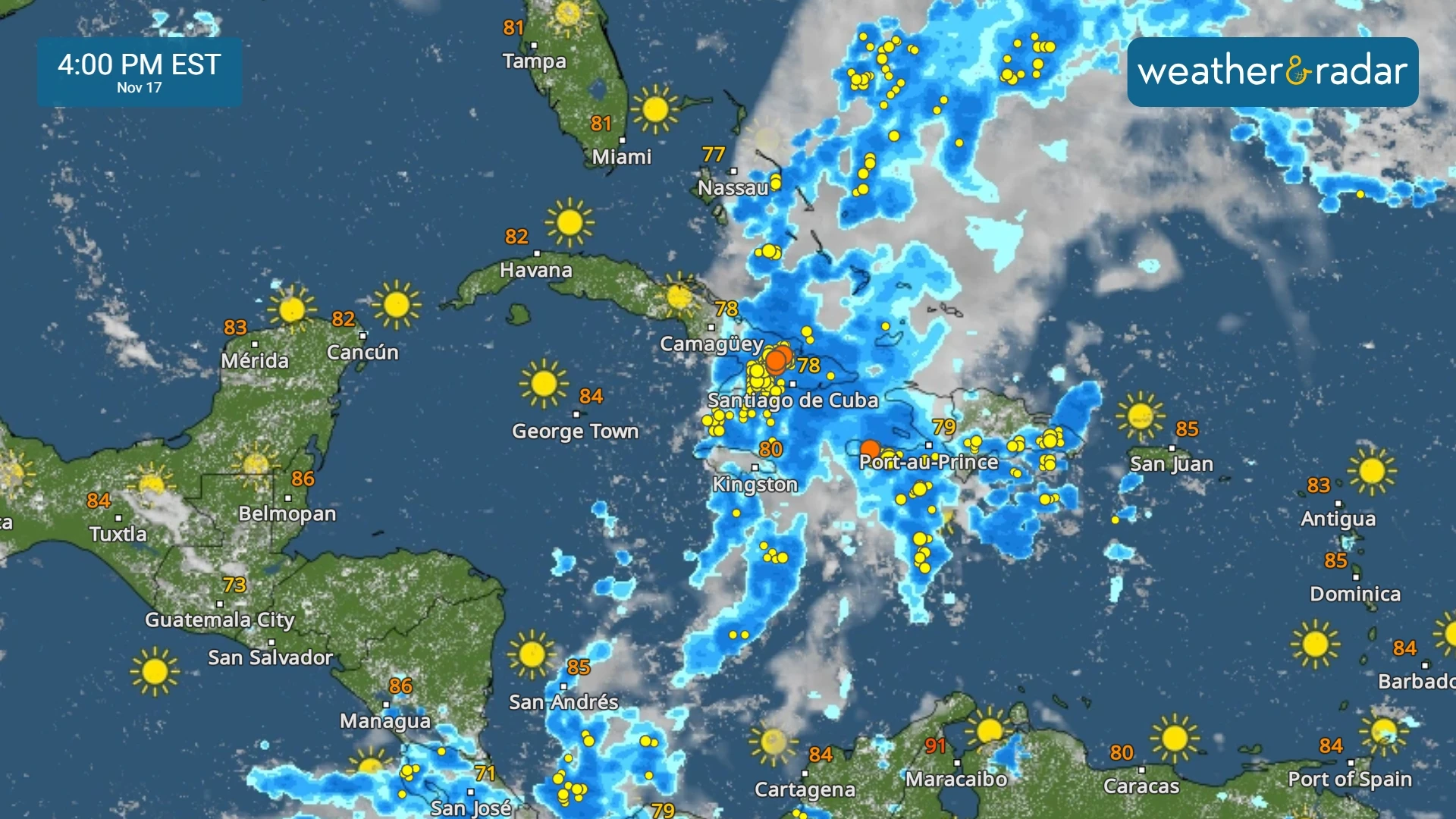Amplia cobertura de lluvias para el Caribe Central el viernes 17 de noviembre. 