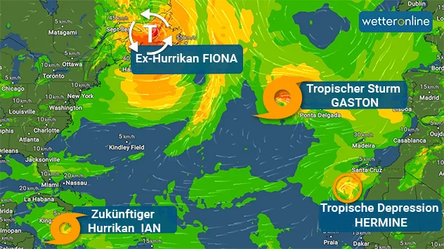 Das WindRadar zeigt die aktuellen Tropenstürme über dem Atlantik.