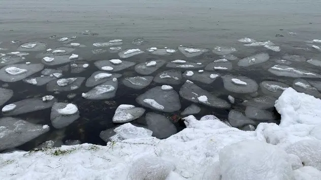 frosne flager af is i vandkanten