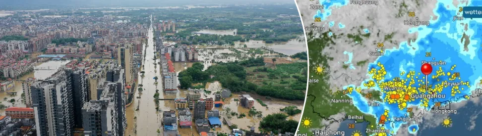 Heftige Gewitter haben in Guangzhou im Südosten Chinas zu grossen Überschwemmungen geführt. 