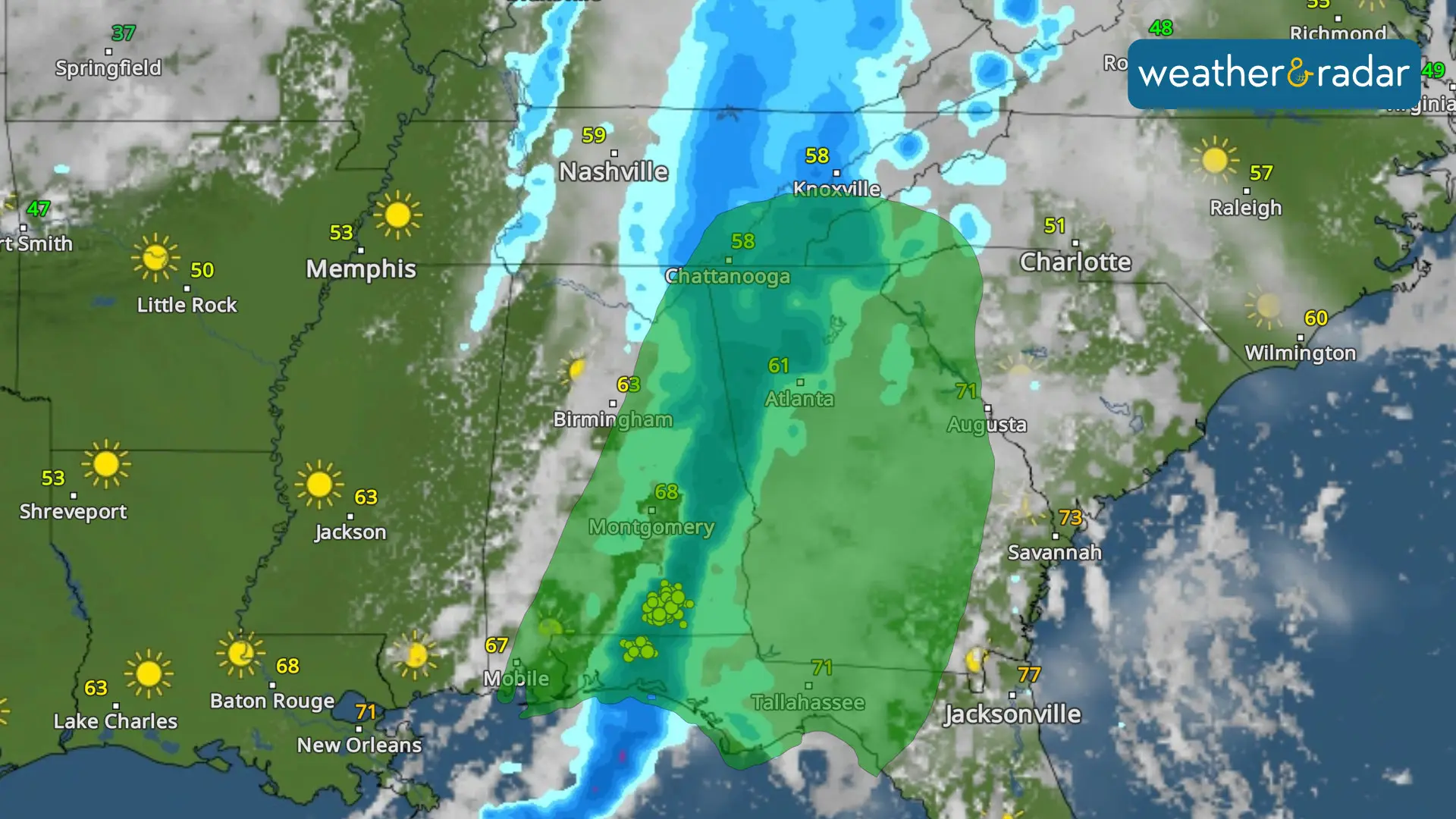 Radar del tiempo del martes en la mañana, con el riesgo subrayado en verde donde se pueden experimentar inundaciones. 