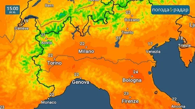 Temperaturile maxime prognozate în regiunea Alpilor pentru sâmbătă, 29 octombrie. Click pe imagine pentru harta interactivă.