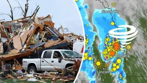 Tornadoschäden in Nebraska/USA und WetterRadar (c) dpa