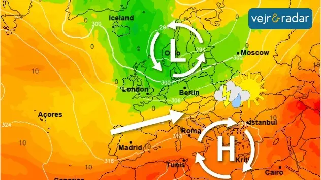 Et skift i lavtrykkets orientering mod nord giver en vestlig luftstrøm og risiko for tordenvejr i store dele af Europa.
