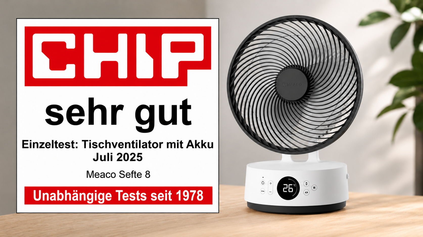 Der kompakte MeacoFan Sefte® 8 Tischventilator mit Akku hat das Testsiegel "sehr gut" erhalten. 