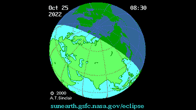 Traseul eclipsei de pe 25 octombrie. Orele sunt arătate în UTC. Pentru EEST, care este valabil în țara noastră, adăugați 3 ore.