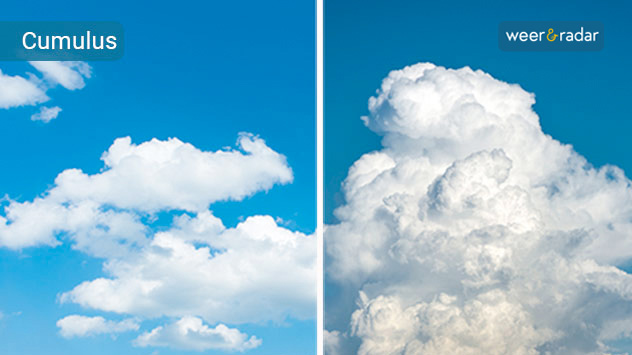 Cumuluswolken zijn heel vaak te zien. Dit zijn individuele, scherp gedefinieerde wolken. 