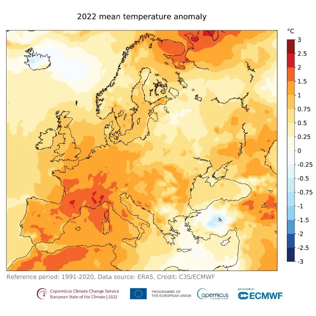 Anomalia temperaturii medii a aerului la suprafață pentru anul 2022, în raport cu perioada de referință 1991-2020.