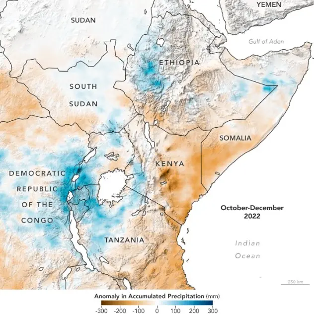 Bild: NASA Trocknene Regionen an der Küste Ostafrikas: Grafik zeigt unterdurchschnittliche Regenmengen