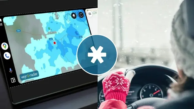 android auto skærm og person der kører i sne 