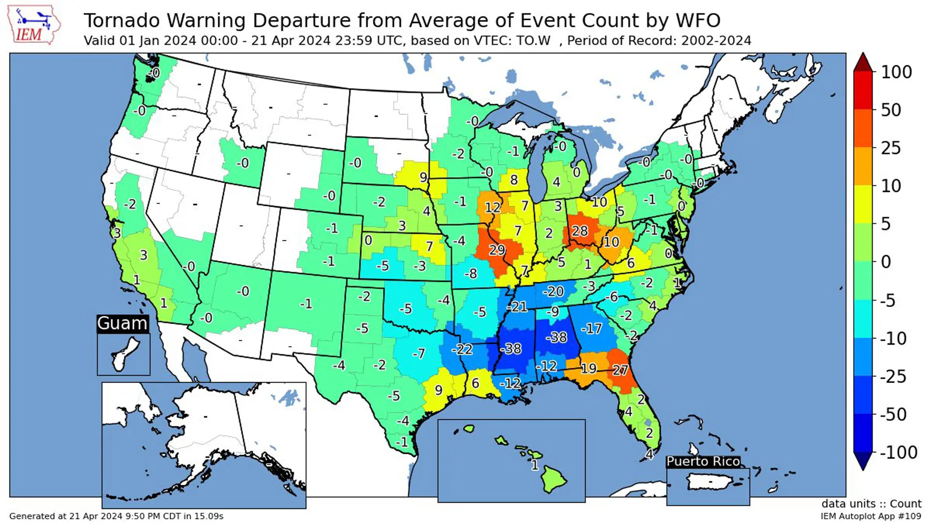 Tornado counts by NWS forecast region so far in 2024.