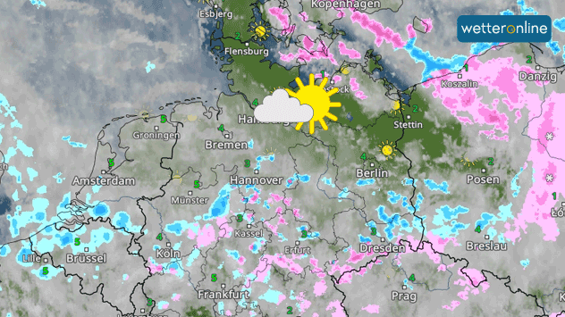 Die WetterRadar-Vorhersage zeigt für Mittwoch einige Schauer, aber auch Wolkenlücken mit Sonnenschein an.