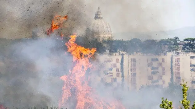 Der Petersdom ist durch den Rauch eines Feuers, das in einem Park im italienischen Rom ausgebrochen ist, zu sehen. 
