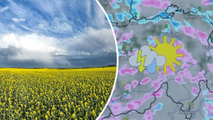 Aprilwetter mitten im April; Schauerwolke über Rapsfeld  (links) und WetterRadar mit Schauen (rechts)  (c) Thorsten Brehme