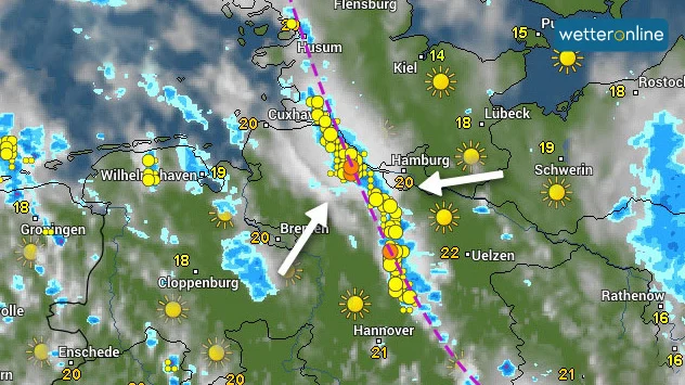 WetterRadar zeigt Gewitter wie an der Perlenschnur im Nordosten Deutschlands
