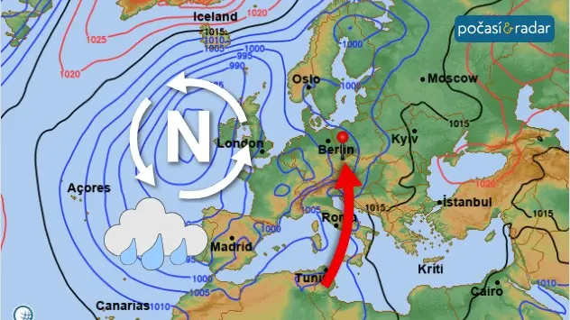 Do Česka bude proudit velice teplý vzduch od jihu po přední straně rozsáhlé tlakové níže nad západní Evropou.