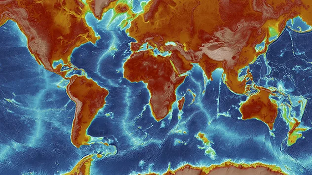 Topografie der Erdoberfläche: Die hellblauen Linien in den Meeren stellen die mittelozeanischen Rücken dar. 