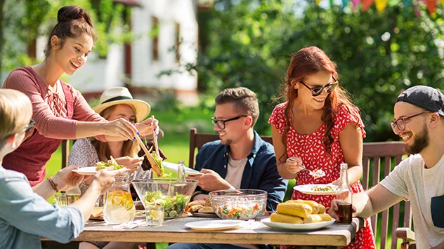 Regionales Obst und Gemüse im Sommer: Auswahl an Sommergemüse Freunde grillen im Sommer im Garten