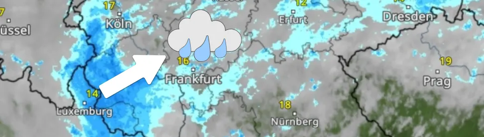 WetterRadar: Regen zieht aus Südwesten auf und breitet sich in Nordrhein-Westfalen, Hessen und Südhüringen bis Nordbayern aus. 