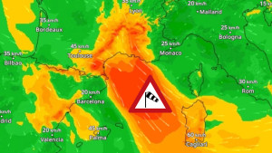 Das WindRadar zeigt für heute schwere Sturmböen an der französischen Mittelmeerküste.