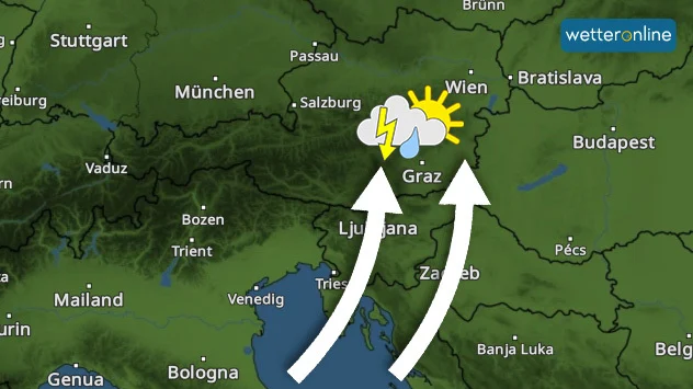 Übersichtskarte, die die Adria und die gewitterreichste Region Österreichs zeigt.
